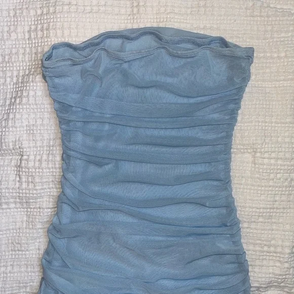 Commsense Strapless Rooched Tendril Baby Blue Mini Dress Sheer Size Medium - Picture 4 of 8